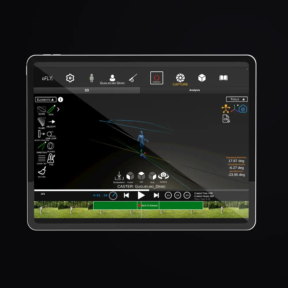 eFly Fishing casting analysis app shown on a tablet, displaying 3D fly cast tracking, direction metrics, rod path analysis, replay controls, and performance data for fly fishing coaching.