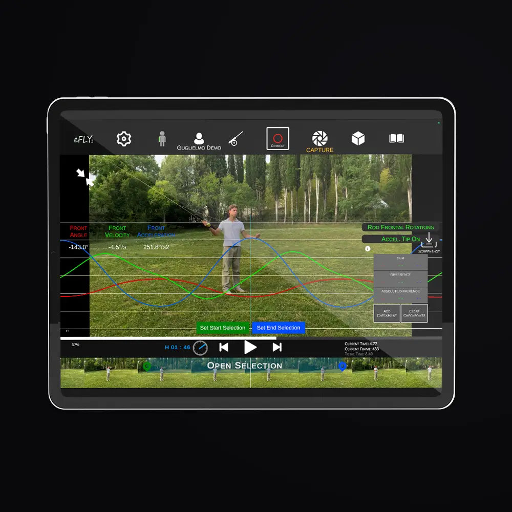 eFly Fishing app displayed on a tablet, showing fly casting video analysis, rod rotation metrics, acceleration data, replay controls, and performance tracking for fly fishing coaching.