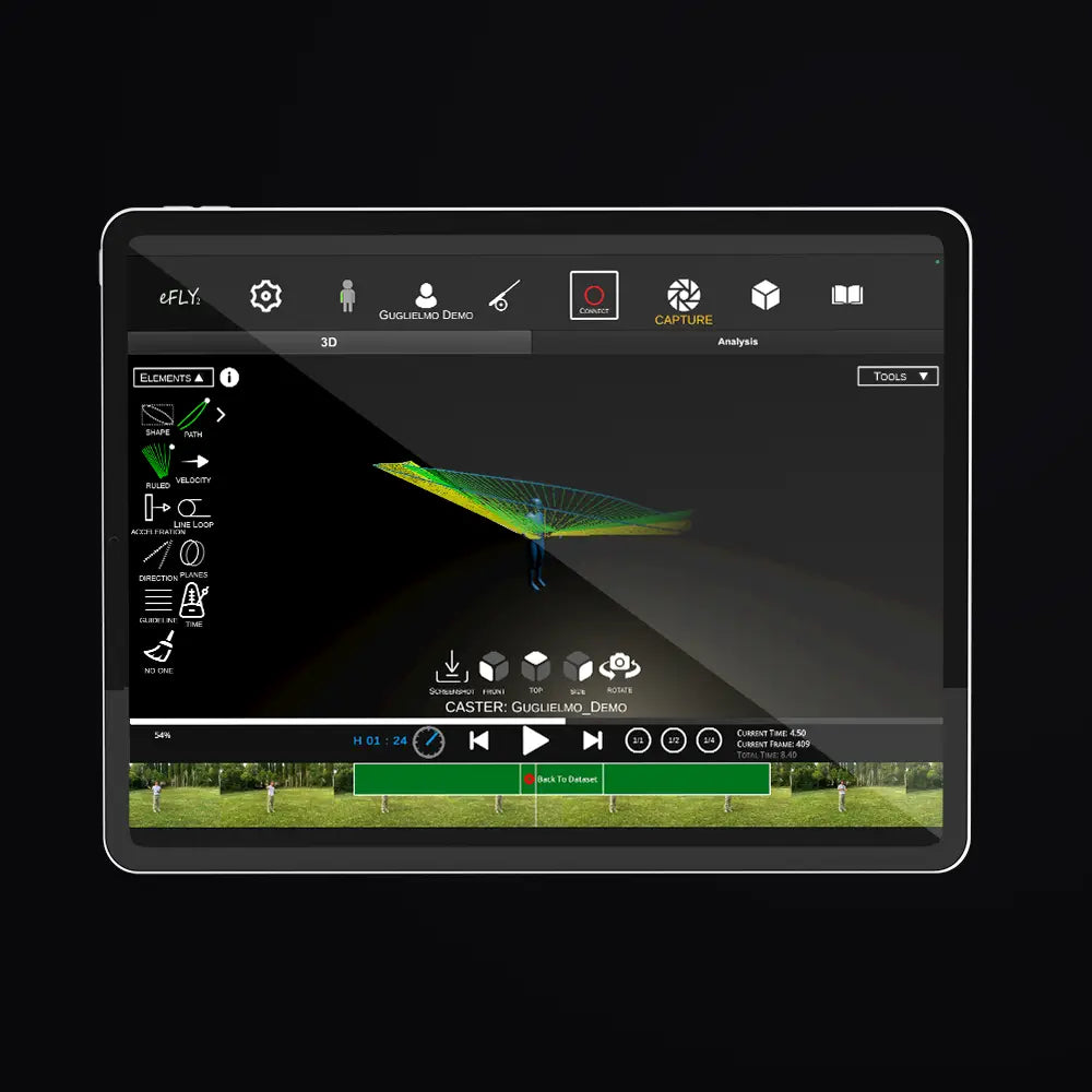 eFly Fishing casting analysis app displayed on a tablet, showing 3D fly cast tracking, rod path visualisation, replay controls, and performance analysis for fly fishing coaching.