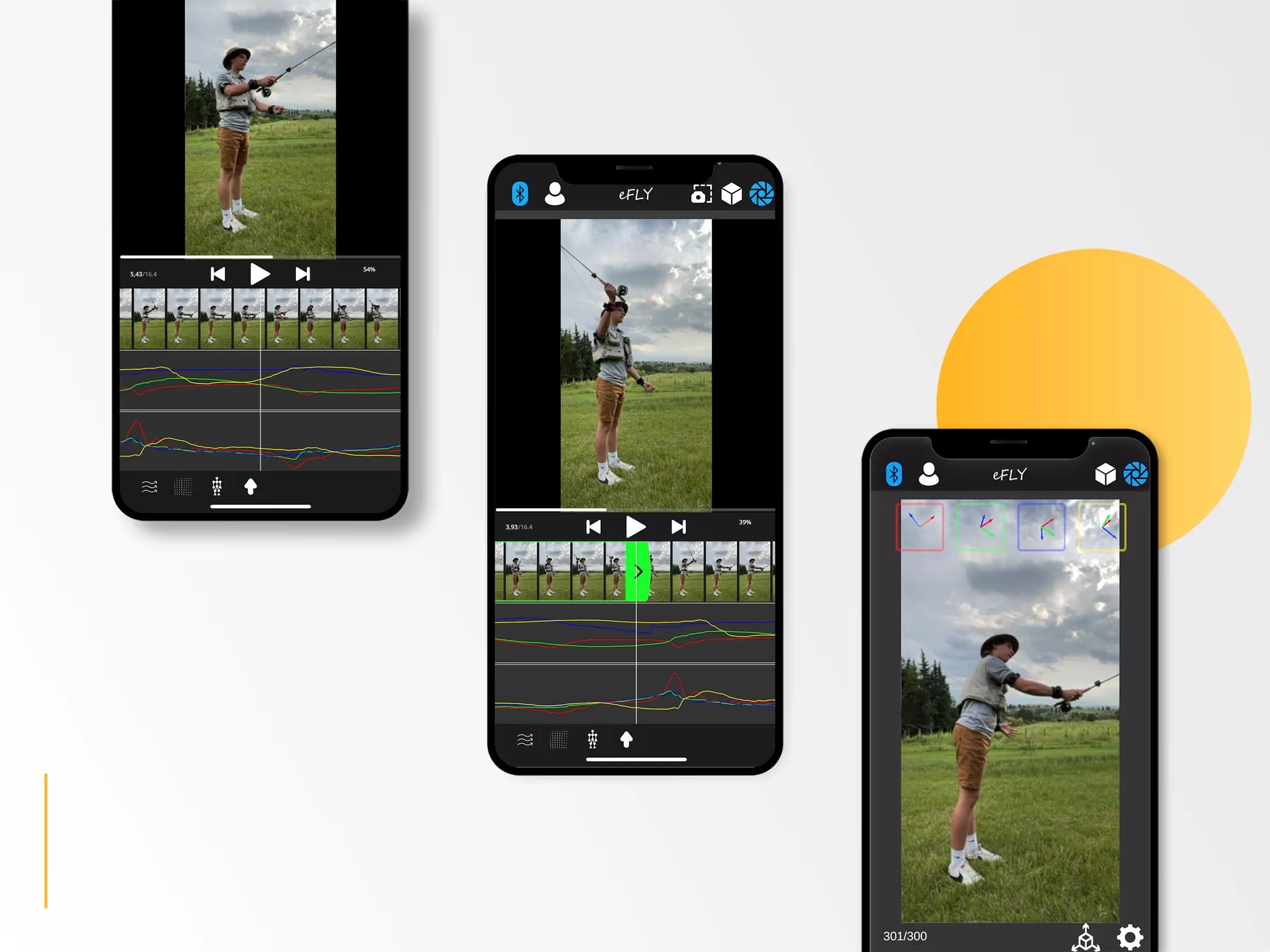 Three device mobile mockup showing various aspect of the eFly app