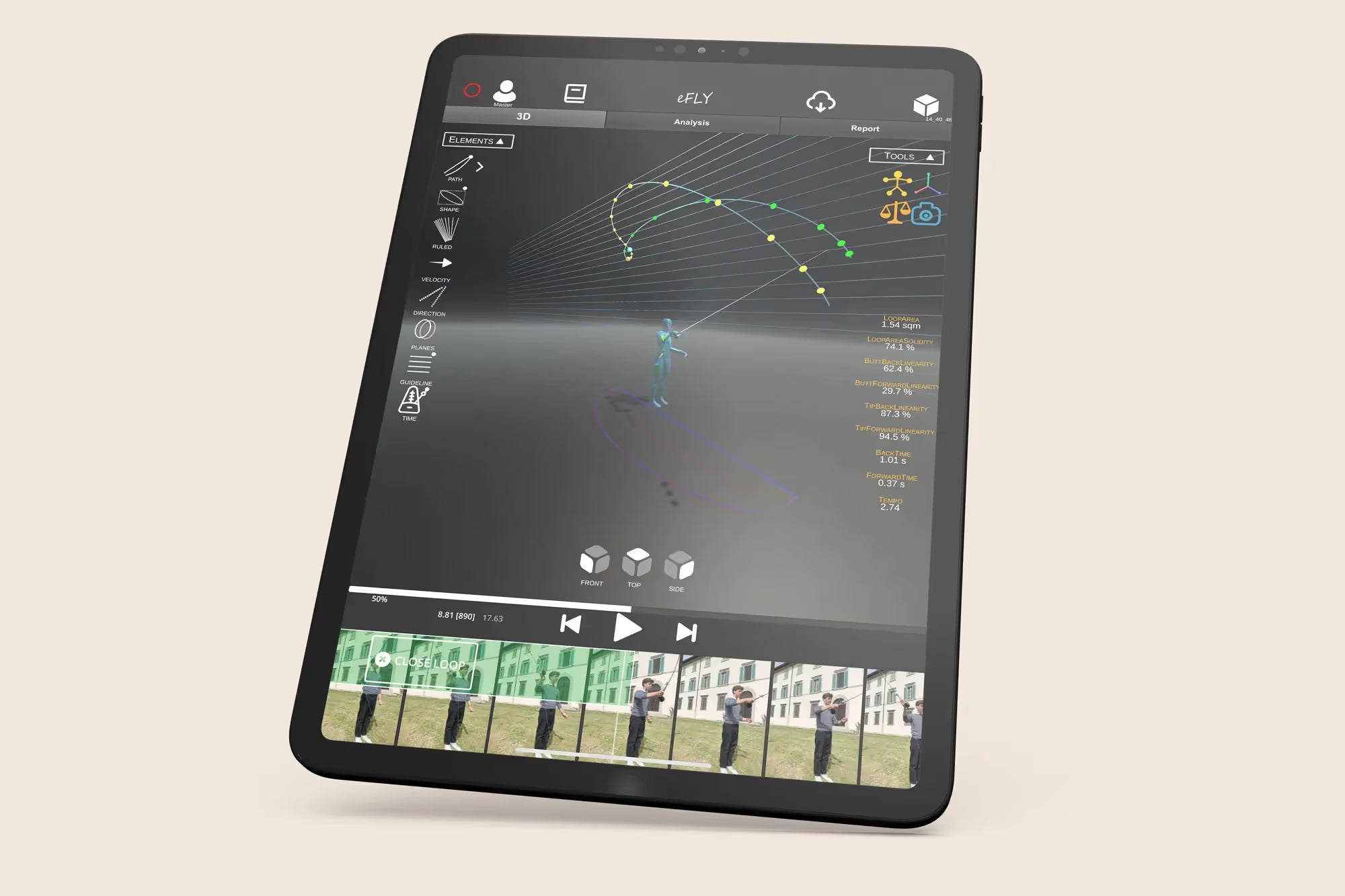 A mockup showing the eFly Express app and trajectory analysis with data point plotting along the trajectory.
