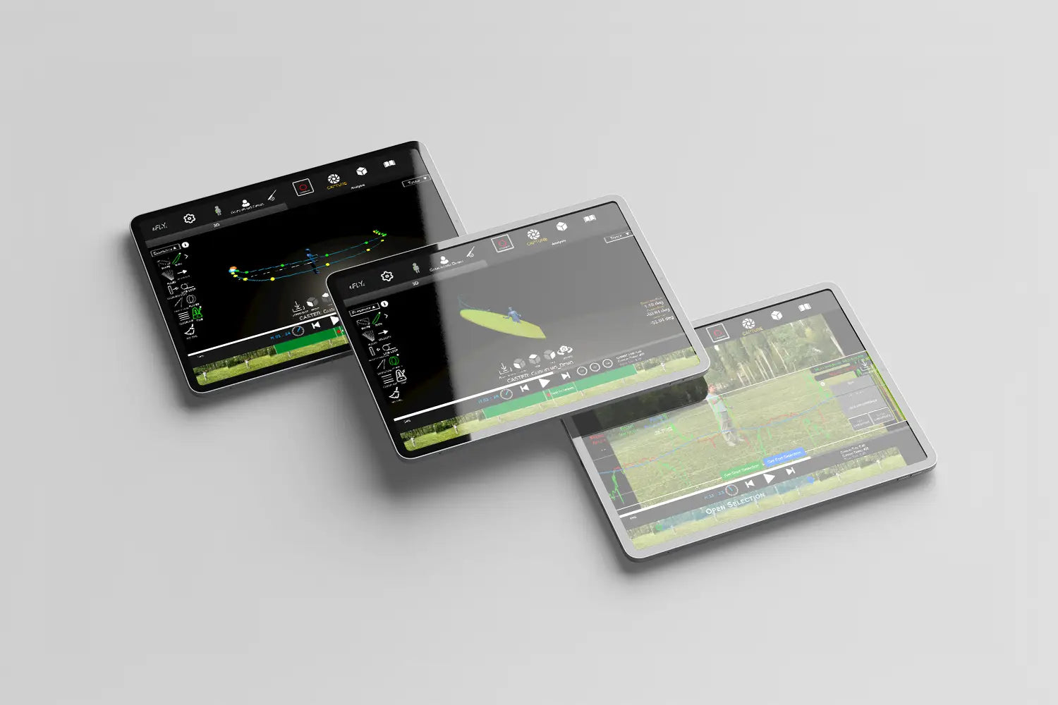eFly Fishing casting analysis software shown across multiple tablet screens, displaying 3D fly cast tracking, video analysis, rod path data, and performance metrics for fly fishing coaching.