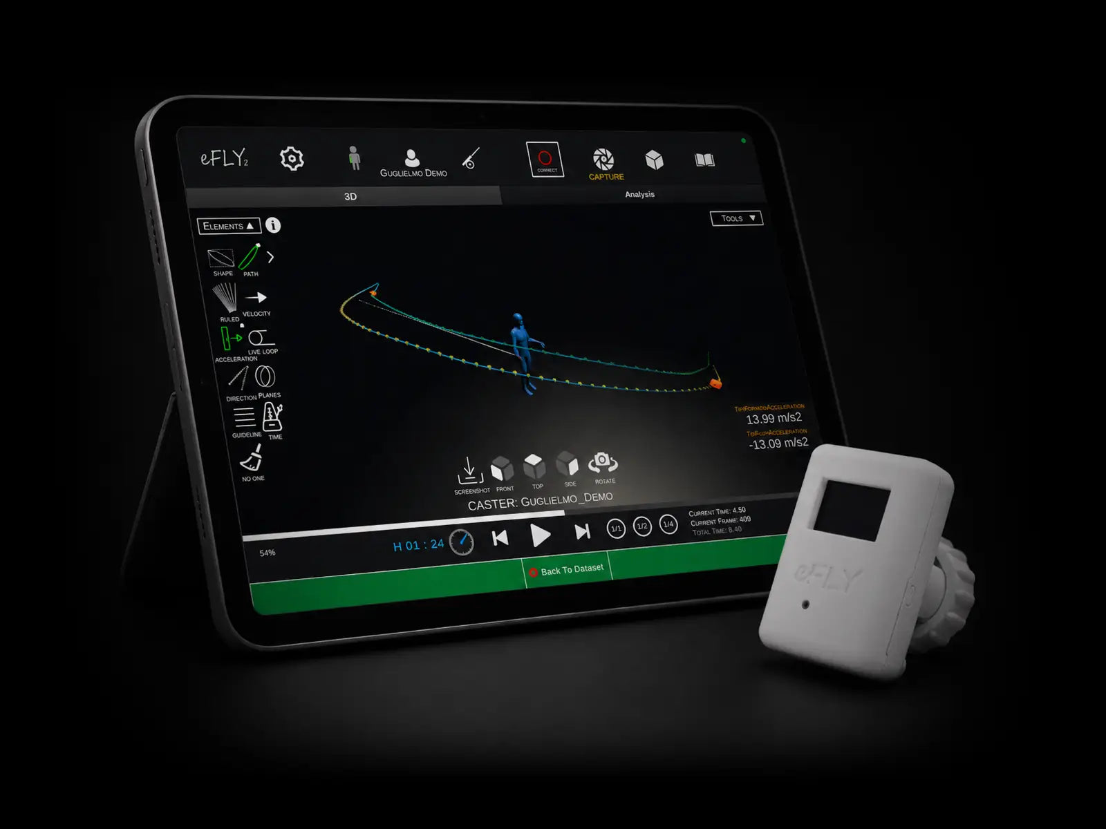 eFly Express fly casting analysis system with tablet app and rod-mounted sensor, showing 3D fly cast tracking, acceleration data, replay controls, and performance insights for fly fishing coaching.