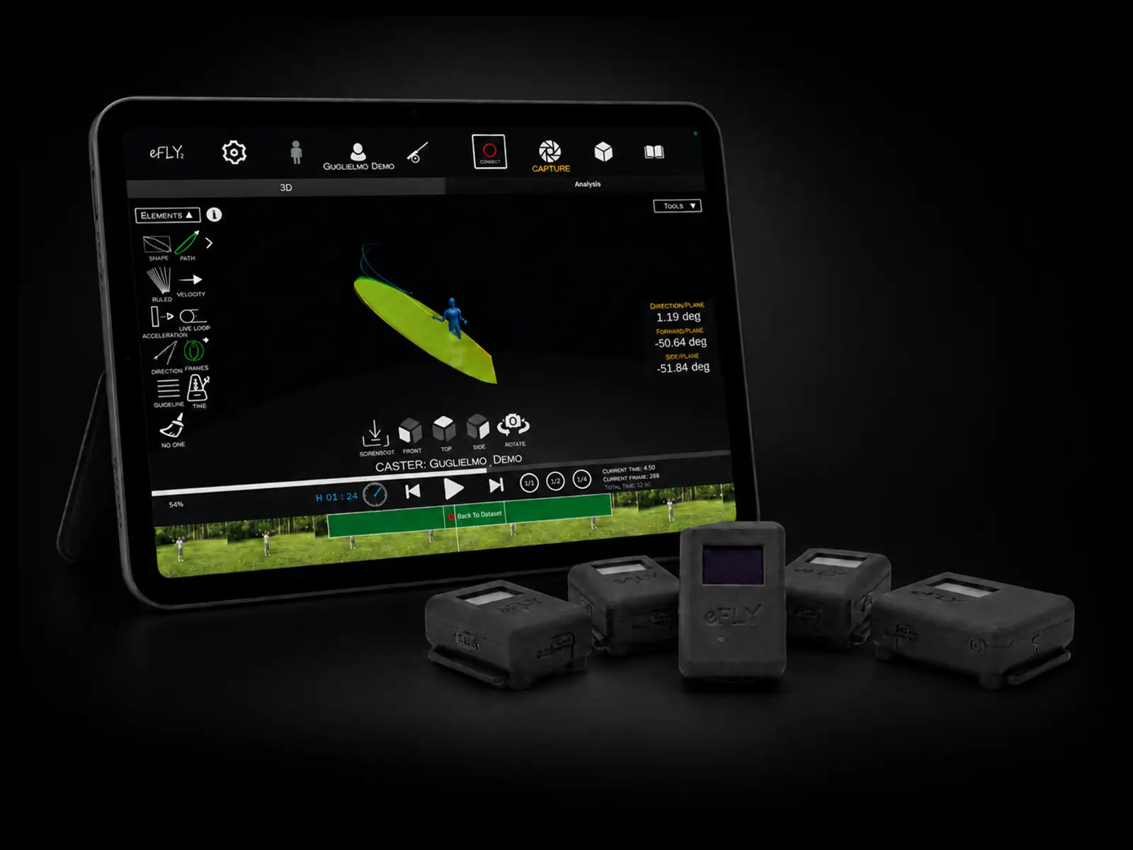 eFly Pro fly casting analysis system with tablet app and sensor devices, showing 3D cast tracking, casting metrics, replay controls, and performance data for professional fly fishing coaching.