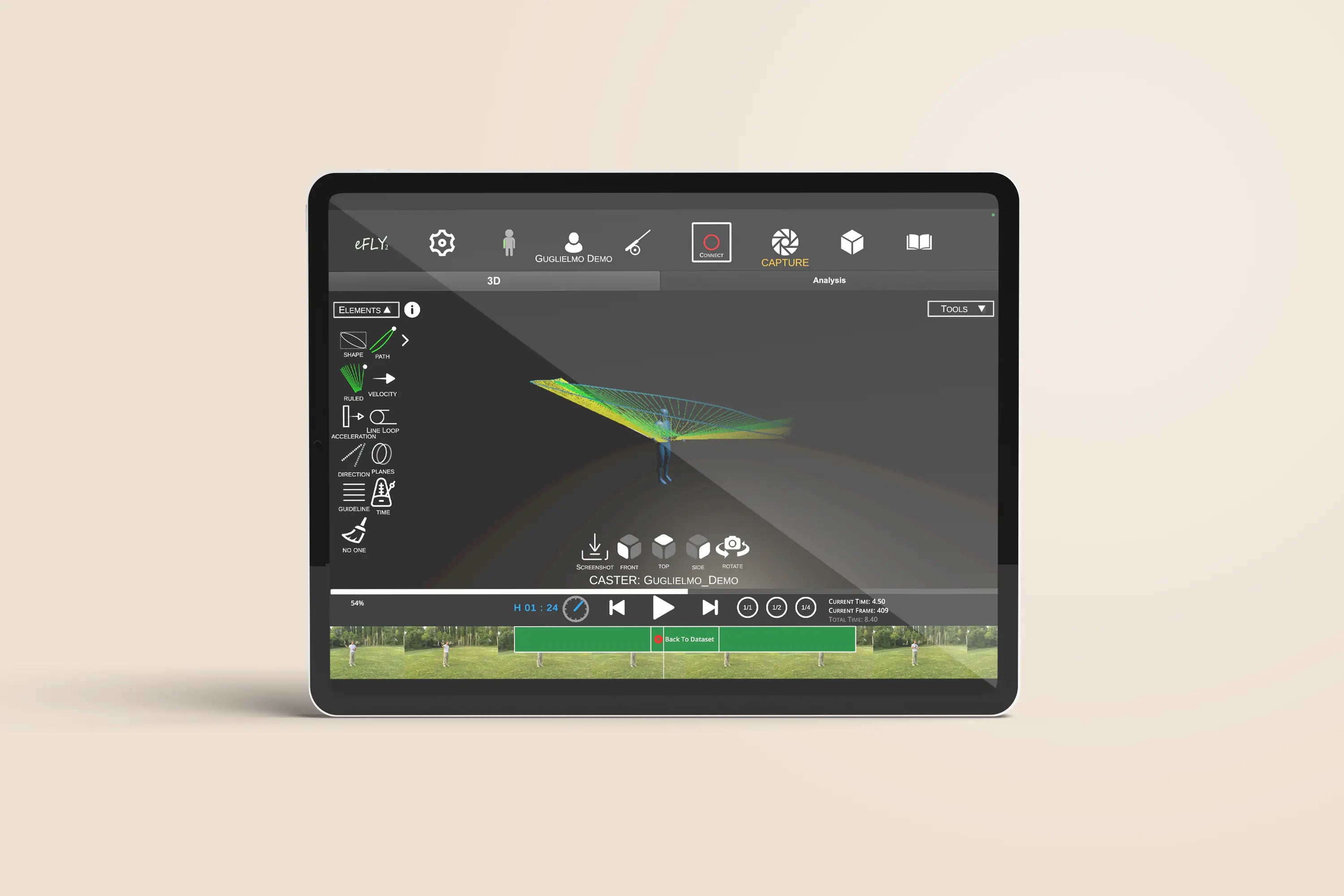 eFly Fishing casting analysis app shown on a tablet, displaying 3D fly cast tracking, rod path analysis, replay controls, and performance data for fly fishing coaching.