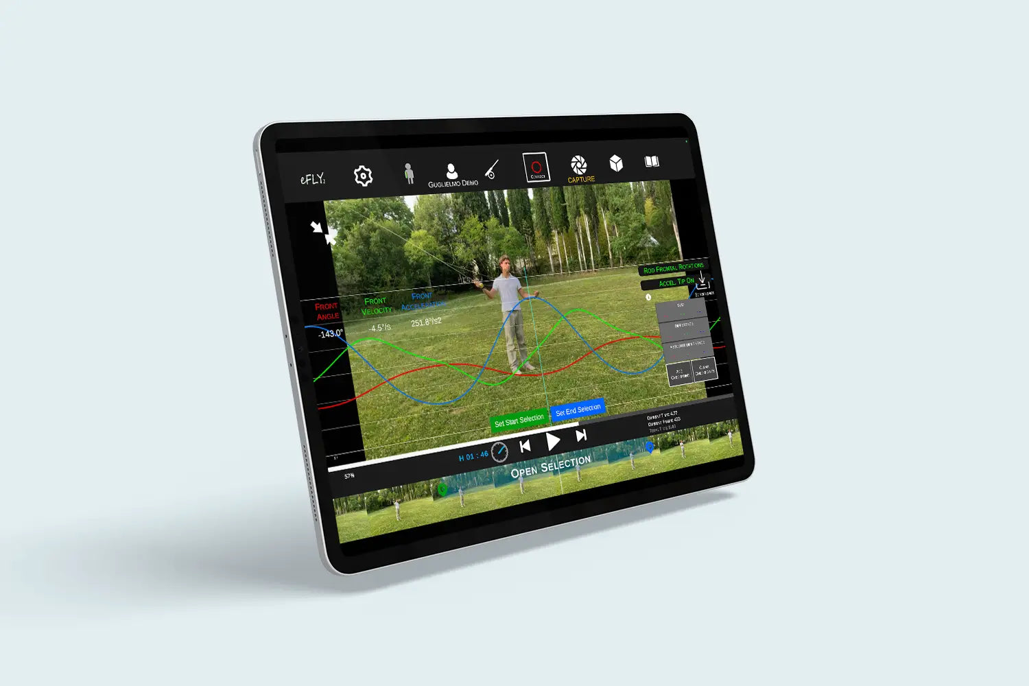 eFly Fishing app displayed on a tablet, showing fly casting video analysis, rod path tracking, front angle metrics, velocity data, and replay controls for fly fishing coaching.