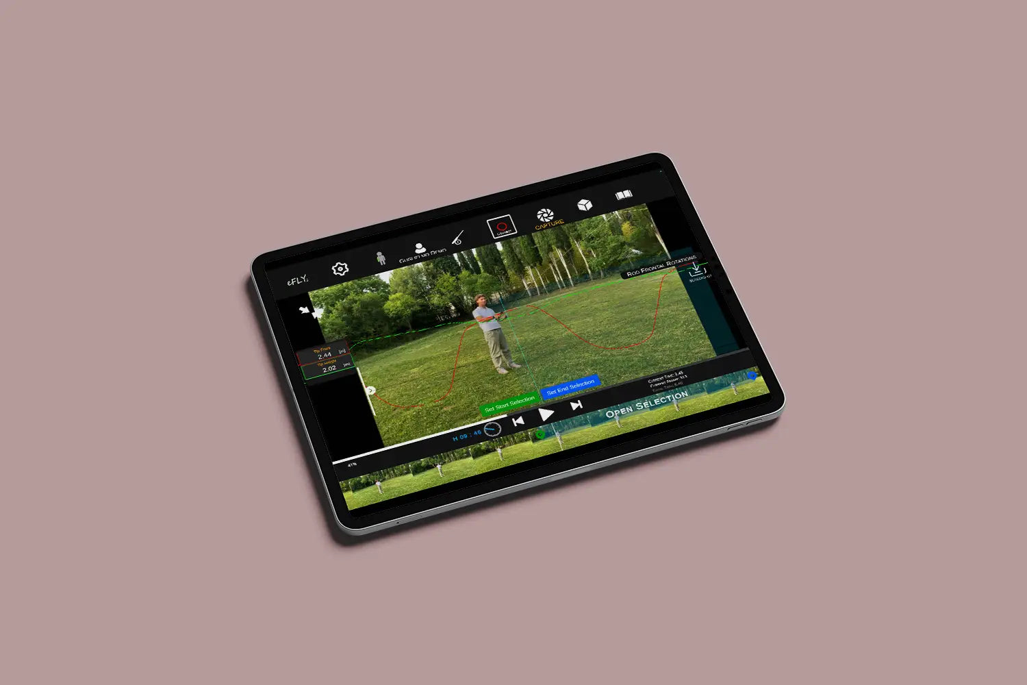 eFly Fishing app shown on a tablet, displaying fly casting video analysis, rod path tracking, cast replay controls, and performance data for fly fishing coaching.