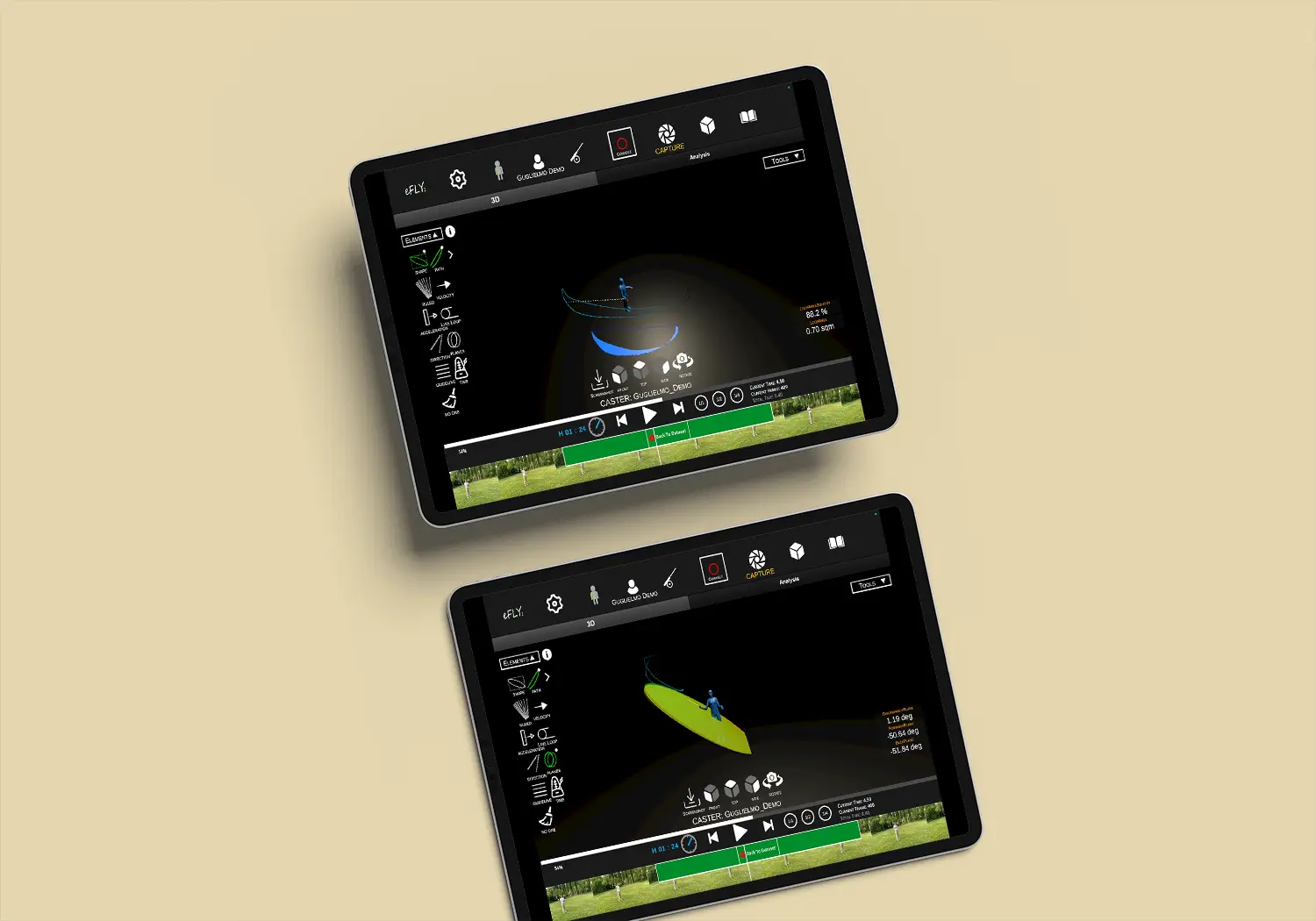 eFly Fishing casting analysis software displayed on two tablet screens, showing 3D fly cast tracking, casting metrics, replay controls, and performance data for fly fishing coaching.