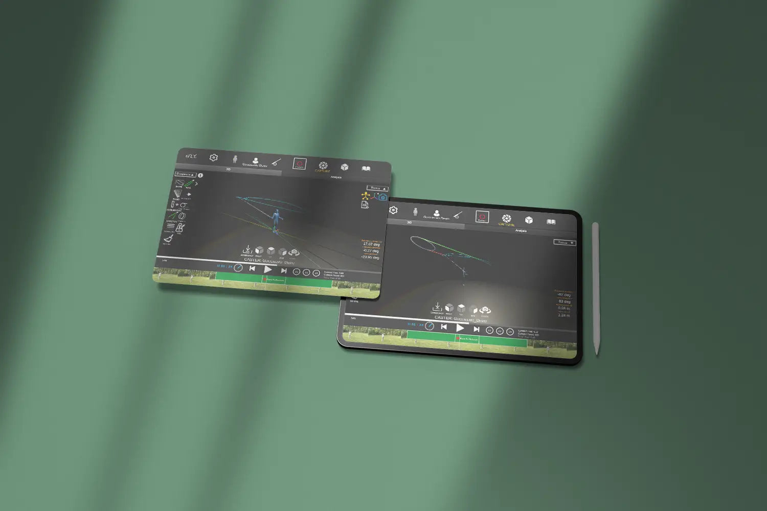 eFly Fishing casting analysis software shown on tablets, displaying 3D fly cast tracking, casting data, and performance insights for fly fishing coaching.
